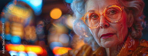 Elderly woman with stylish glasses at a casino, vibrant lights reflecting in her spectacles.