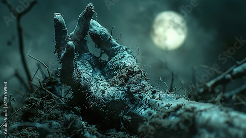 Mysterious zombie hand rising from the ground on a foggy full moon night, horror concept. photo