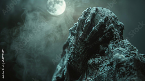 Mysterious figure in cloak under moonlight with fog, evoking fantasy or horror themes.