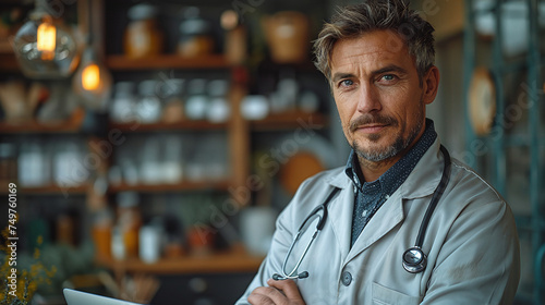 Confident male doctor with stethoscope in a rustic clinic interior, looking at the camera.