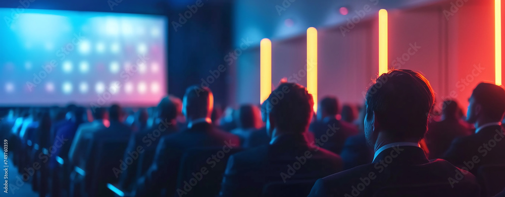 Audience in a conference hall with blurred presentation screen, business event concept. - obrazy, fototapety, plakaty 