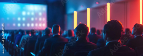 Audience in a conference hall with blurred presentation screen, business event concept. photo