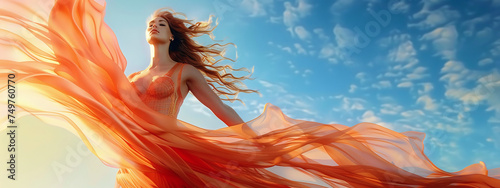 Ethereal woman with flowing red fabric against a blue sky, embodying freedom and grace.