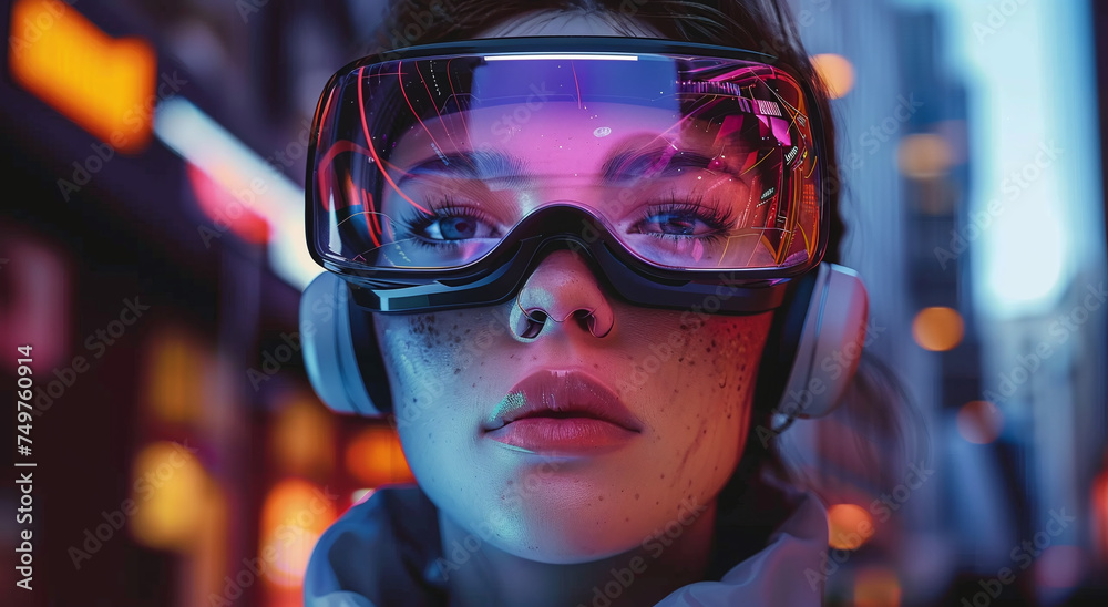 Close-up of a young woman wearing futuristic VR glasses with neon city lights reflecting on the visor. Close-up of a young woman wearing futuristic VR glasses with neon city lights reflecting on the visor.