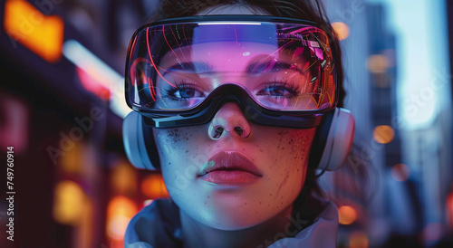 Close-up of a young woman wearing futuristic VR glasses with neon city lights reflecting on the visor.