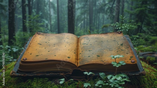 book with blank cover and empty cover perched in a forest 