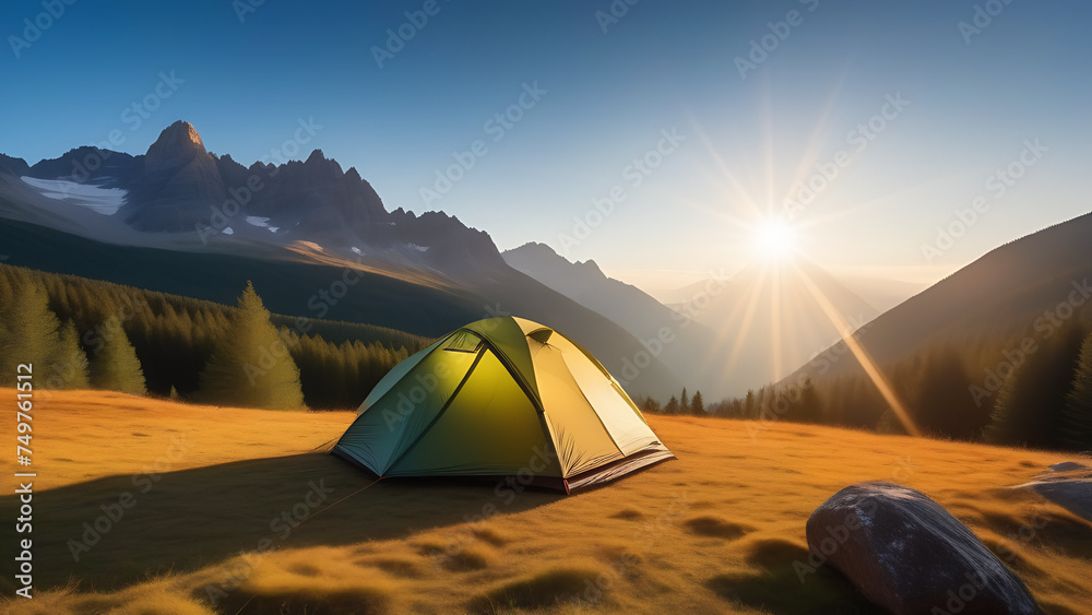 Tent in field with mountains, under sky, surrounded by natural landscape