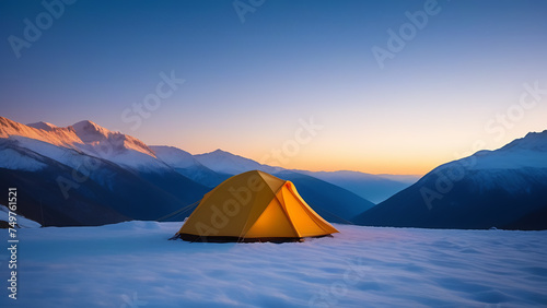 A yellow tent in snowy mountains at sunset near an azure lake