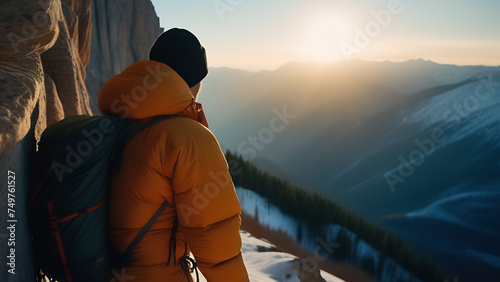 A traveler in a hat on a mountain slope, gazing at the sunset over the horizon