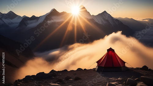 Red tent resting on mountain peak, sun peeking through clouds in wild ecoregion