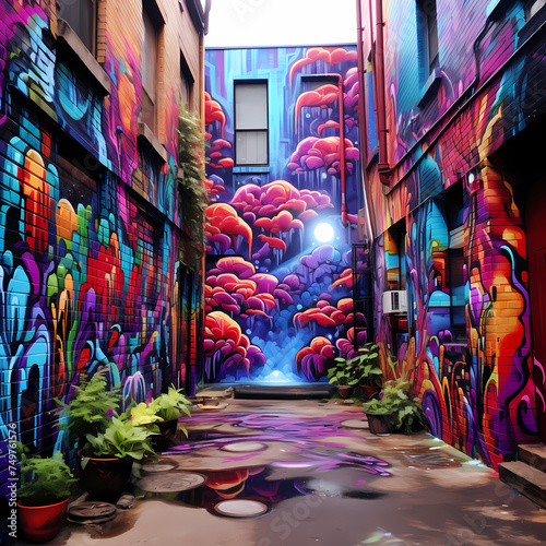 Vibrant street art on an urban alleyway. © Cao
