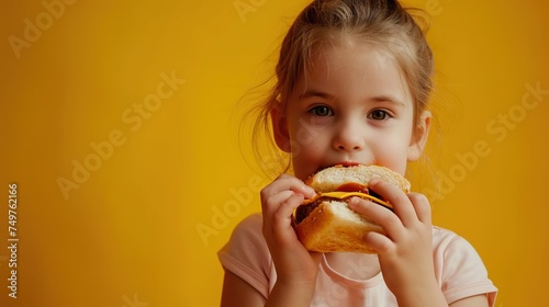 A hungry toddler devours a delicious sandwich on yellow background photo