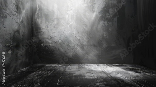 Dark abstract studio background with atmospheric lighting and textured floor. Ideal for dramatic product presentations and artistic compositions.