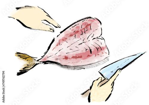 魚（鯵）を捌いている和風手書きイラスト
