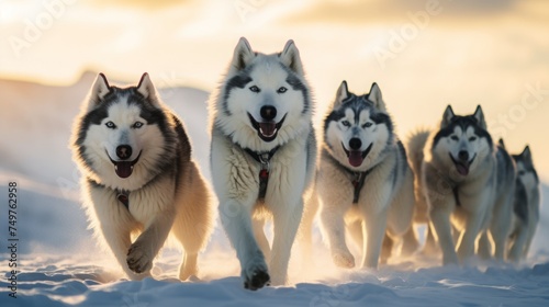 sledding  a team of malamutes or huskies running through the snow. northern sled dogs.