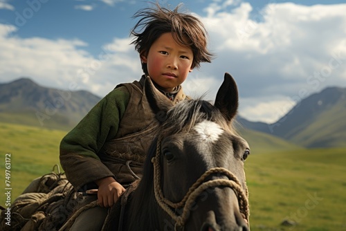 Mongolian boy, a young rider riding a horse in a green valley. national portrait of an indigenous inhabitant of a geographical area.