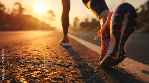 close-up of a runner's feet running on a road on sunrise