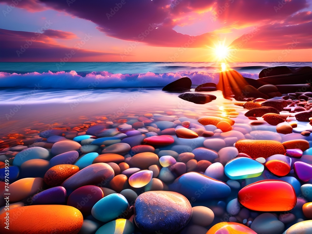 Obraz premium Seaside Serenity: Vibrant Stone Wallpaper for Captivating Backgrounds