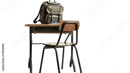 Desk at school with rucksack and chair against white background