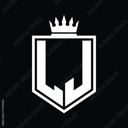 LJ Logo monogram bold shield geometric shape with crown outline black and white style design