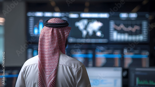 Arab man wearing Saudi bisht, looking at screen computer about Financial Business Analytics Data Dashboard, back view, blurred background.