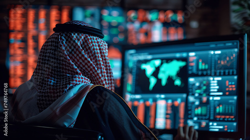 Arab man wearing Saudi bisht, looking at screen computer about Financial Business Analytics Data Dashboard, back view, blurred background.