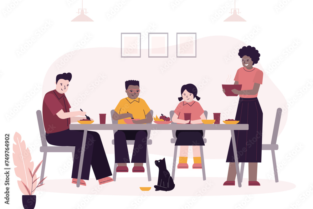 Multiethnic family with kids eating home food at dining table. Father, mother and children at dinner. Happy parents, son and daughter enjoying meal with meat.