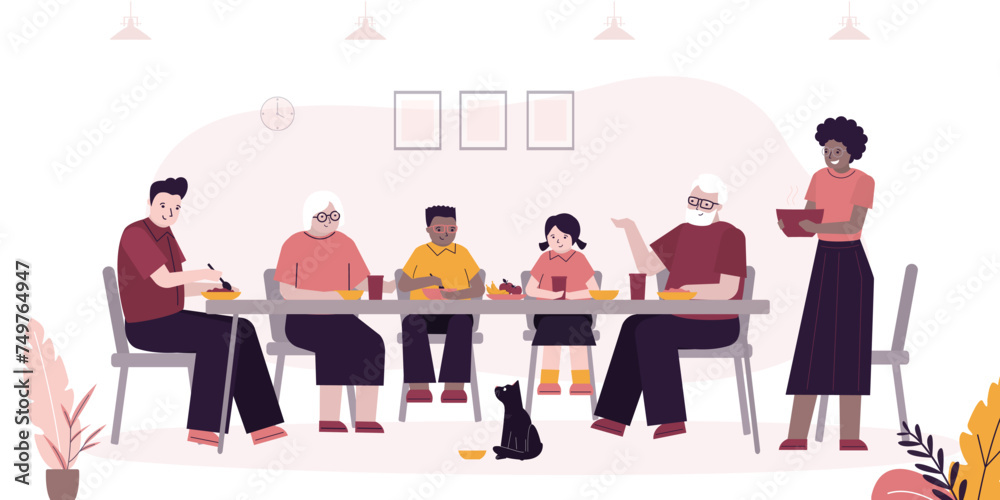 Big multiethnic family with kids eating home food at dining table. Grandparents, father, mother and children at dinner. Happy parents, son and daughter enjoying meal with mea