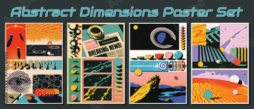 Abstract Dimensions Poster Set. Space, Spaceship, Planets, Landscapes, Abstract Objects and Geometric Shapes Background
