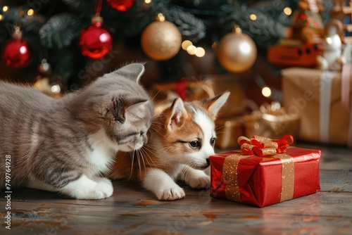 Cute cat and kitten with gift box near Christmas tree at home
