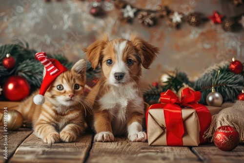 Cute puppy and kitten sitting next to christmas decorations on wooden background
