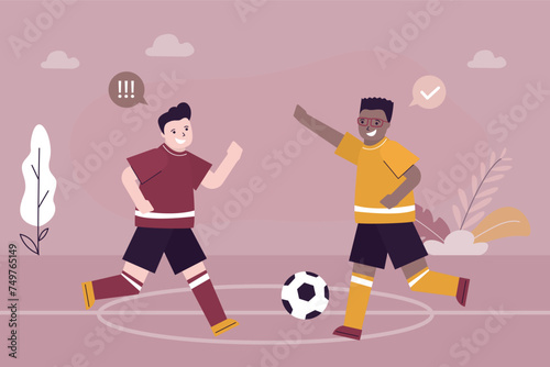 Cute happy little boys playing football game. Cartoon male characters in uniform  multi ethnic soccer players. Active children playing with a ball. Rivals  sport competition.