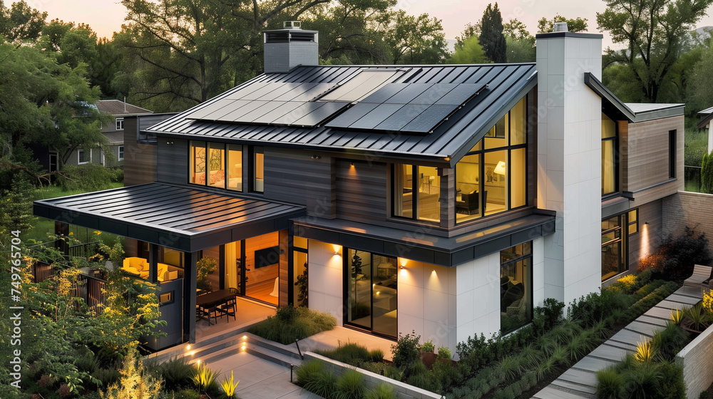 solar panels on the roof of a modern American home. self sustainable eco friendly photo voltaic powered house 