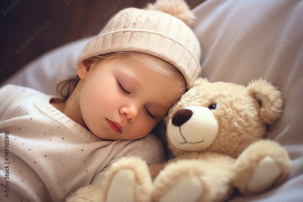 Cute baby sleeping with a teddy bear on the bed at home , Adorable and cute sleeping baby in knitted hat and soft toy teddy bear near , Ai generated Cute baby sleeping with a teddy bear on the bed at home , Adorable and cute sleeping baby in knitted hat and soft toy teddy bear near , Ai generated