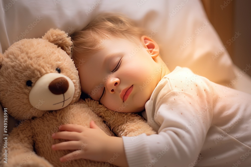 Cute little baby sleeping with teddy bear on bed at home , Cute little girl sleeping with teddy bear on bed, Ai generated Cute little baby sleeping with teddy bear on bed at home , Cute little girl sleeping with teddy bear on bed, Ai generated