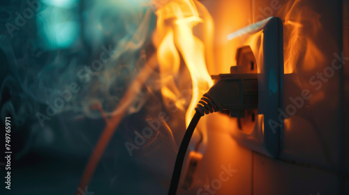 Home electric wire plug in indoor in fire caused by a short circuit , domestic accident concept image
