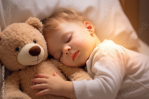 Cute little baby sleeping with teddy bear on bed at home , Cute little girl sleeping with teddy bear on bed, Ai generated