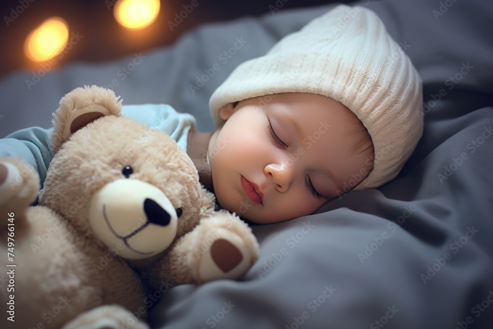 Cute baby sleeping with a teddy bear on the bed at home , Adorable and cute sleeping baby in knitted hat and soft toy teddy bear near , Ai generated Cute baby sleeping with a teddy bear on the bed at home , Adorable and cute sleeping baby in knitted hat and soft toy teddy bear near , Ai generated
