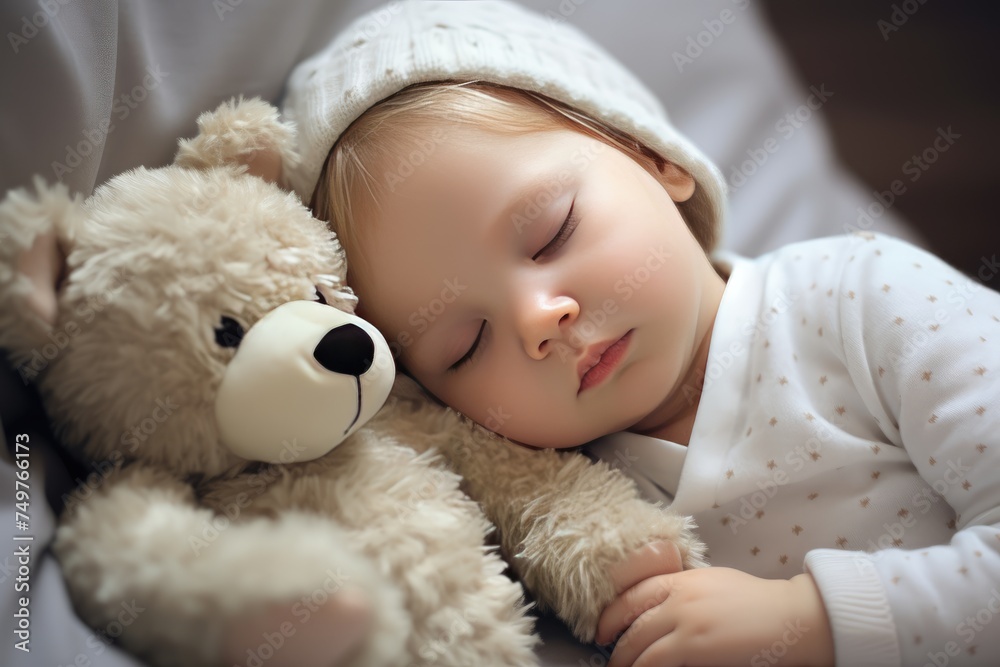 Cute baby sleeping with a teddy bear on the bed at home , Adorable and cute sleeping baby in knitted hat and soft toy teddy bear near , Ai generated