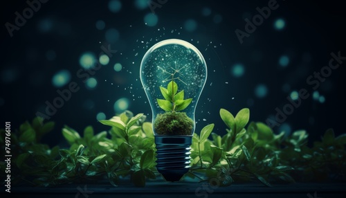 Renewable energy concept  light bulb with green plants symbolizing sustainability and cost savings. photo