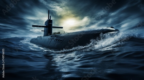 Stealth nuclear submarine launching torpedo missile in vast ocean, wide banner with copy space