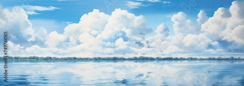 blue sky with white clouds float over a calm Lake