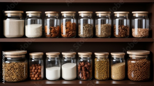 Organized kitchen pantry storage room with food containers and glass jars on shelves