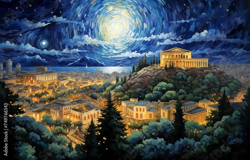 A view of Athens with the Acropolis in the style of Vincent Van Gogh.