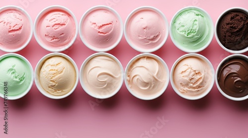 Top view ice cream in white bowls on pink vintage background with place for text