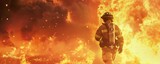A brave firefighter runs toward a massive flame, captured in a full-body shot, looking realistic.