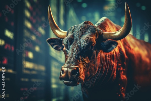 Bull on stock market trading graphs, bullish trend analysis and investment chart background