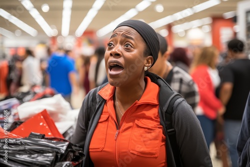 Surprised black woman shopping in store, stunned by exorbitant prices, financial stress concept photo