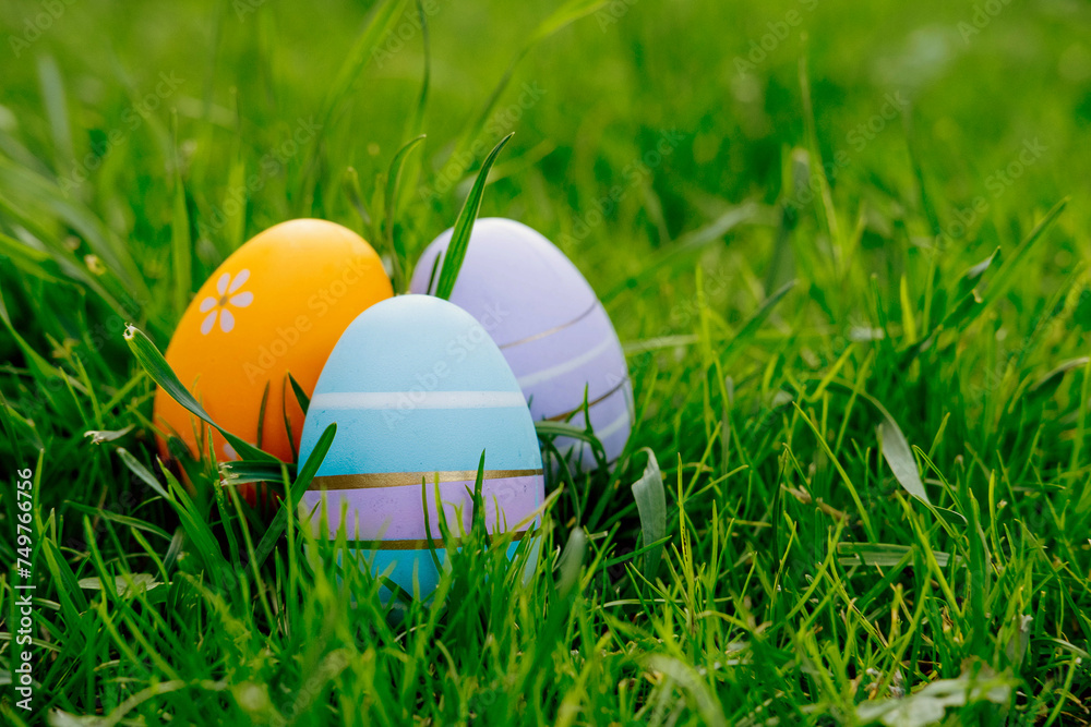 Happy Easter. Easter eggs on grass on a sunny spring day - Easter decoration, banner, panorama, background with copy space for text.