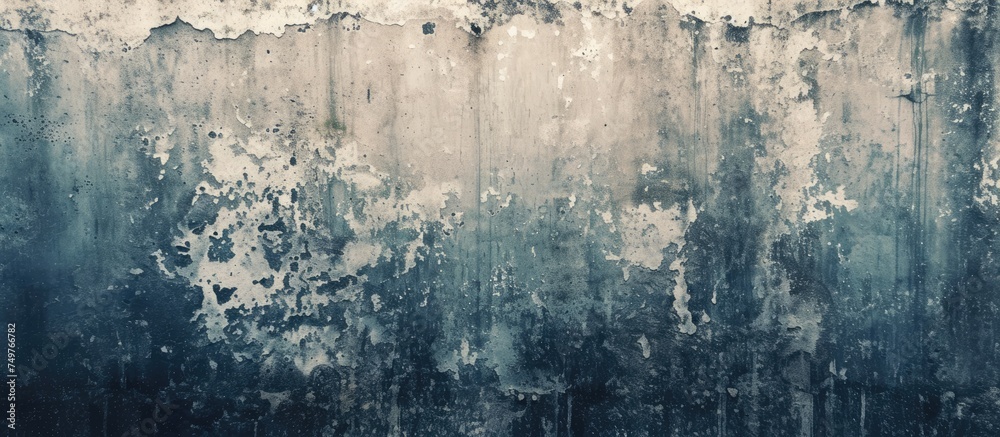 This black and white image showcases the texture of an aged cement wall, portraying a gritty and weathered look. The walls surface is rough and worn, with visible cracks and stains adding character to
